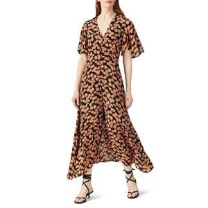 VEDA Montana Dress Floral Print Flutter Sleeve Button Front Maxi Orange Black XL